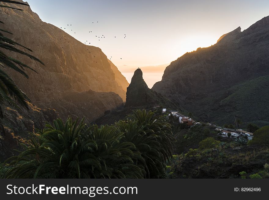 Mountainous tropical landscape at sunset looking along valley with village in distance and flock of birds in flight.