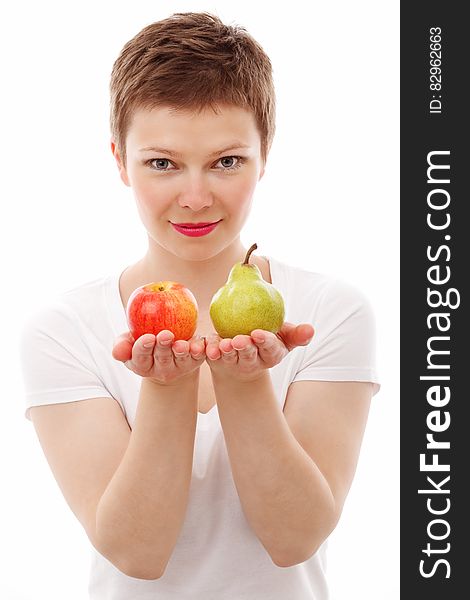 Woman Holding Red Apple and Green Peach