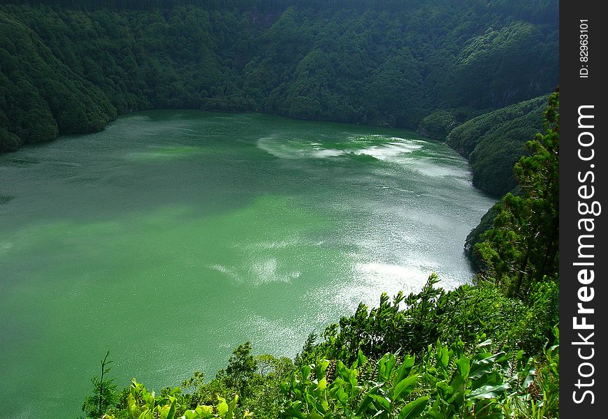 A mountain lake surrounded by thick forest.