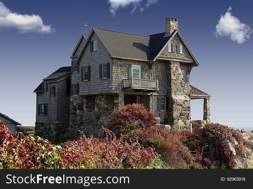 Photography Of Grey Concrete House Around The Red Green Leaves Plant Under The Blue Sky