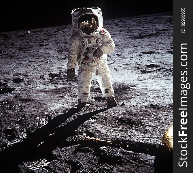 Astronaut Buzz Aldrin, stands on the surface of the moon, in the original photo taken by Neil Armstrong. Astronaut Buzz Aldrin, stands on the surface of the moon, in the original photo taken by Neil Armstrong.