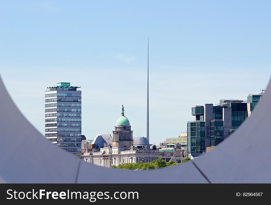 Aerial view of Dublin, Ireland skyline on sunny day.