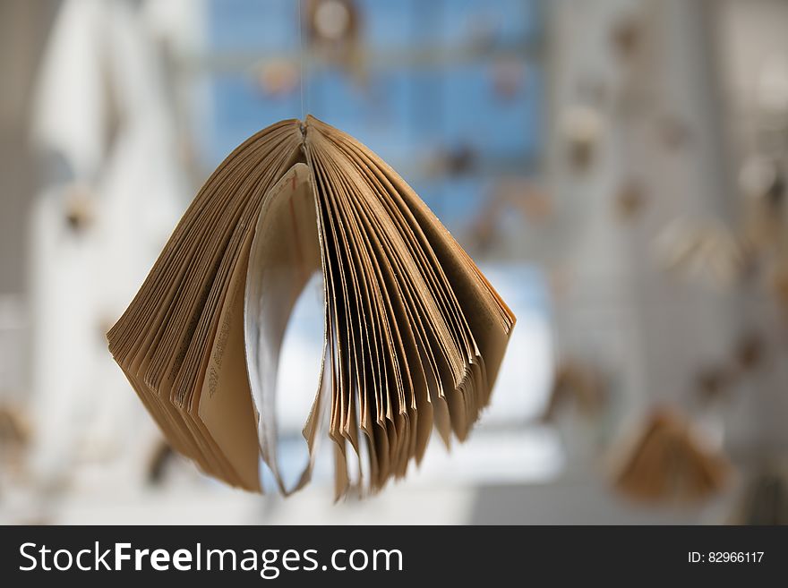 Close up of open book in sunny room by window.