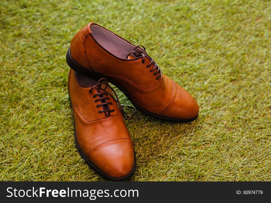 Men&#x27;s Brown Leather Boat Shoes over Green Grass