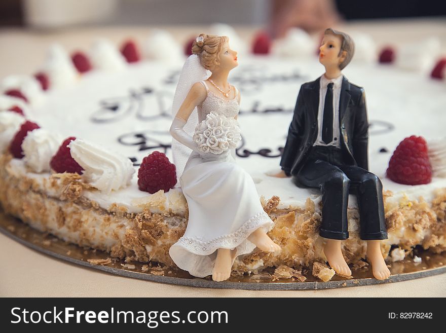 Figurines of bride and groom on wedding cake. Figurines of bride and groom on wedding cake.