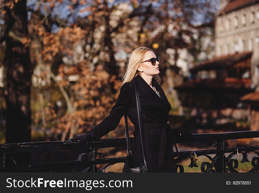 A blonde woman with sunglasses leaning on a railing in the autumn. A blonde woman with sunglasses leaning on a railing in the autumn.