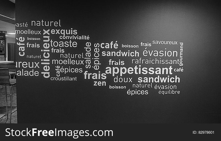 Close up of french food word cloud on black wall inside cage.