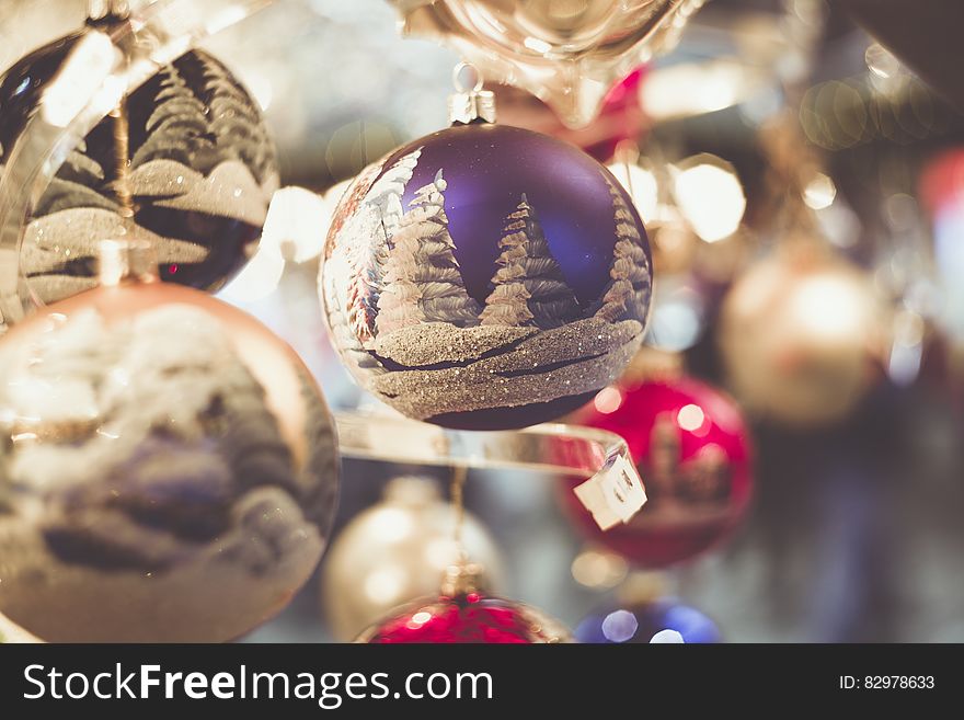 Close up of decorated Christmas ornament balls. Close up of decorated Christmas ornament balls.