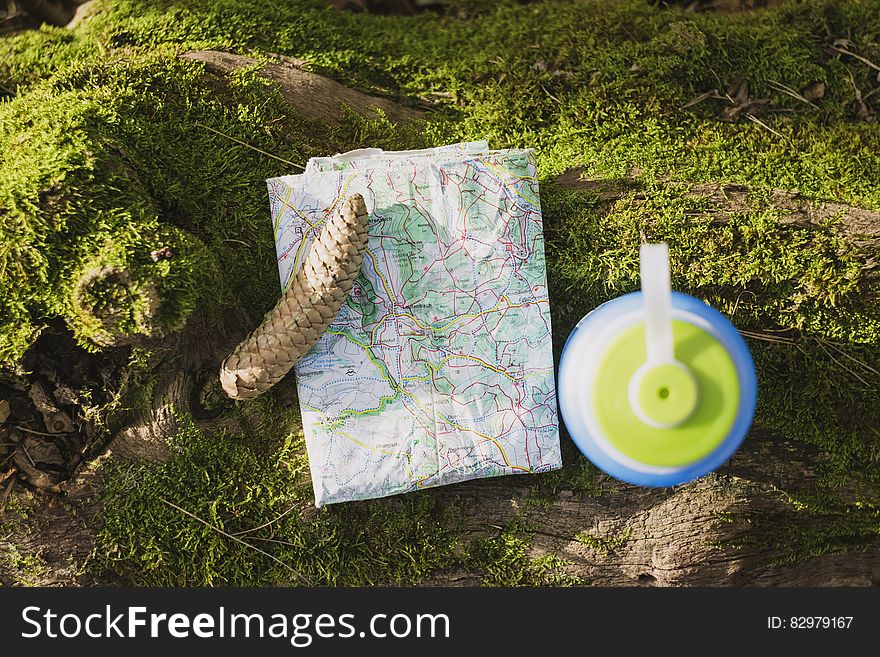 Map and pine cone with plastic water bottle on green lichen on sunny day.