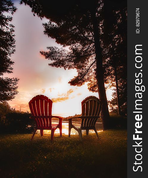 Chairs On Table Against Trees During Sunset