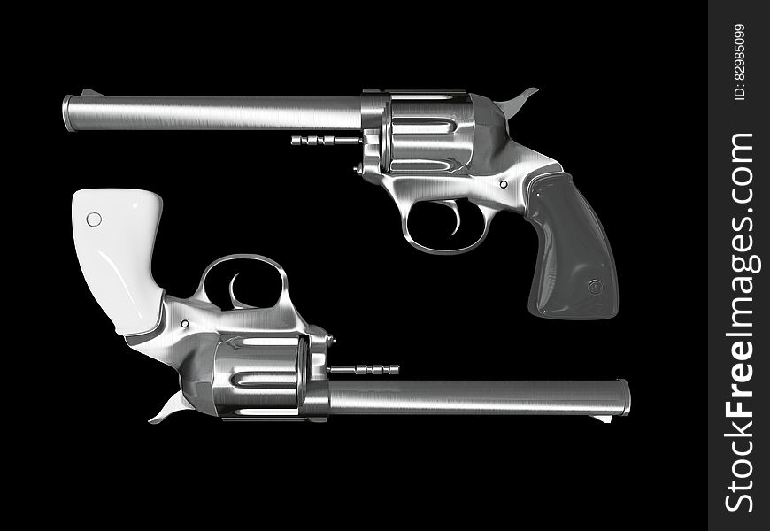 An illustration of a pair of revolvers on black background. An illustration of a pair of revolvers on black background.