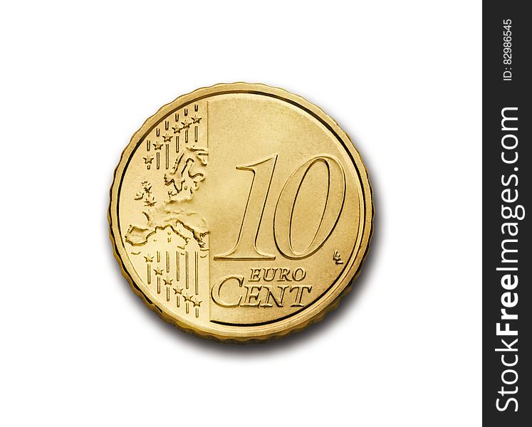 Ten cent Euro coin used principally in the countries of the European monetary Union comprising 19 states presently, white background.