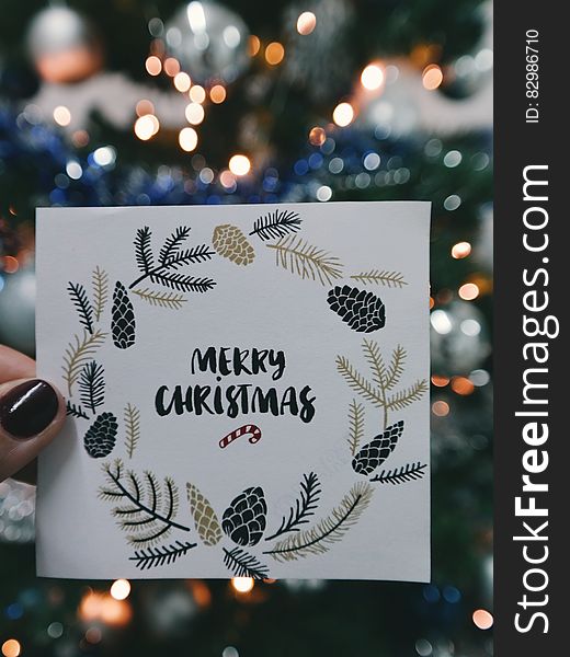 Hand holding card with Merry Christmas in green print with pine cone graphics in front of lit Christmas tree. Hand holding card with Merry Christmas in green print with pine cone graphics in front of lit Christmas tree.