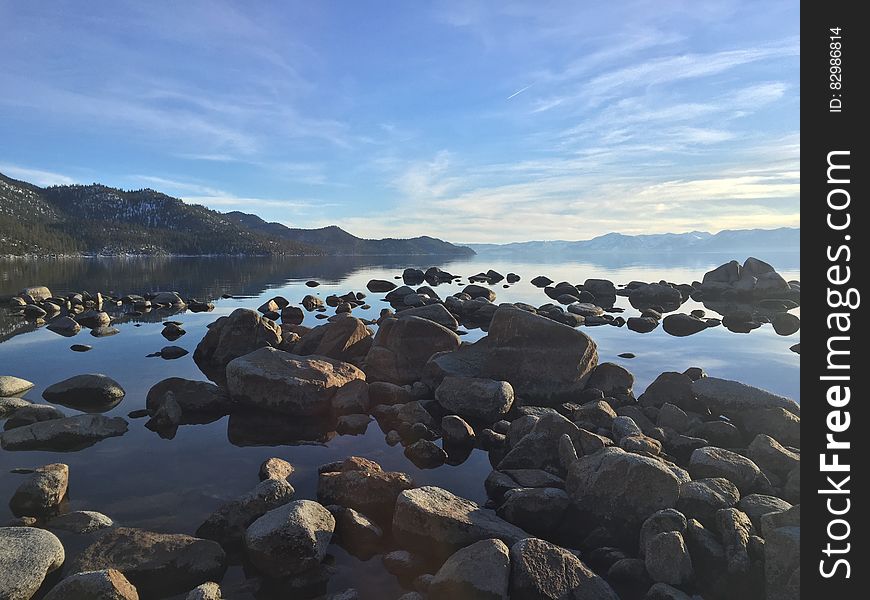 Scenic view of rocky shoreline of Lake Tahoe, Sierra Nevada, USA.