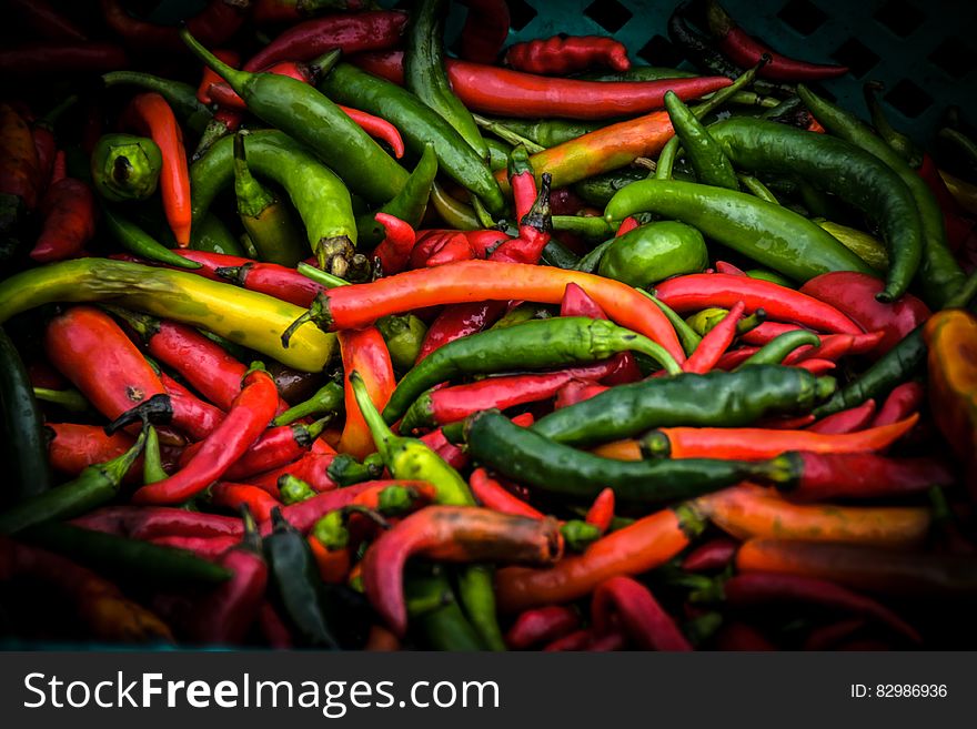 A pile of colorful chili peppers.