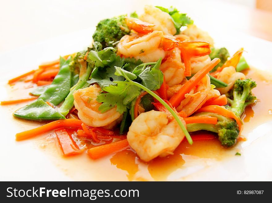 Broccoli Shrimp and Carrots Food on Tray