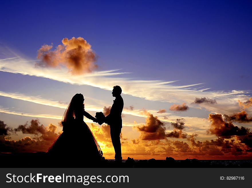 Silhouette of Wedding Couple Holding Hands Under Cloudy Blue Sky