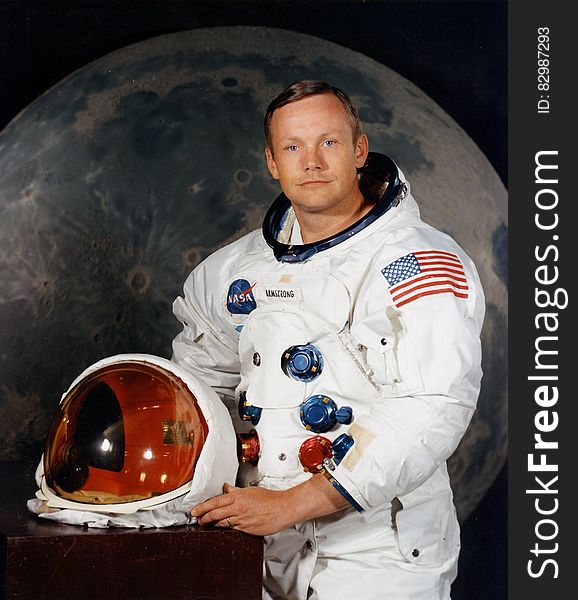 Portrait of American astronaut Neil Armstrong in flight suit. Portrait of American astronaut Neil Armstrong in flight suit.