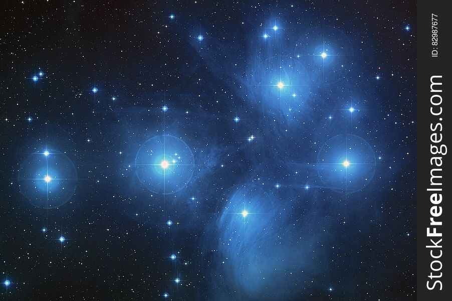 Pleiades constellation on the night sky.