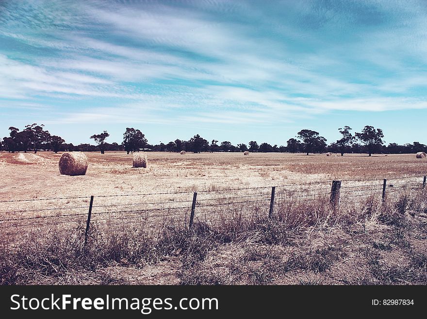 Scenic view of hay bales in countryside field with blue sky and cloudscape background.