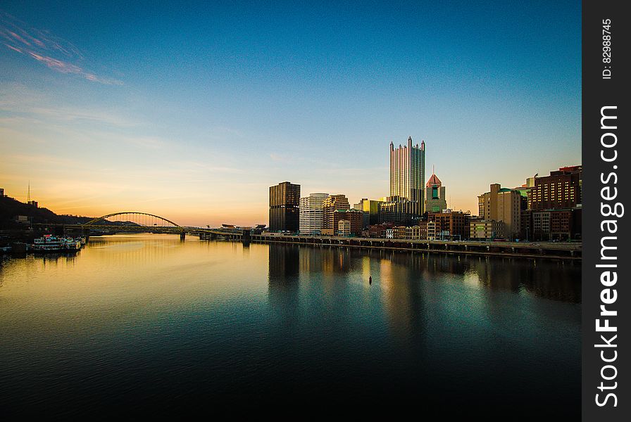 City skyline at sunset