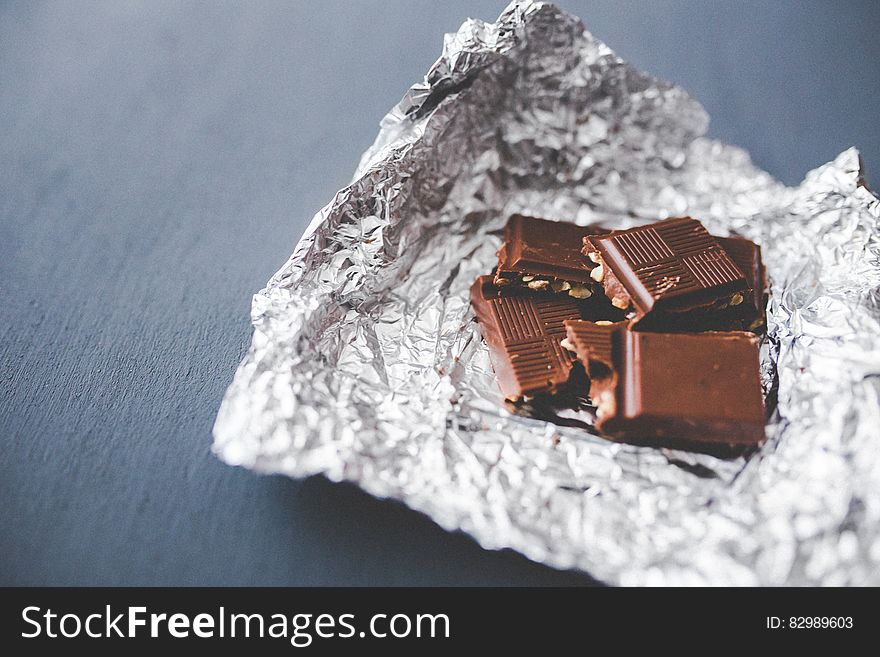 Chocolate pieces on aluminum foil
