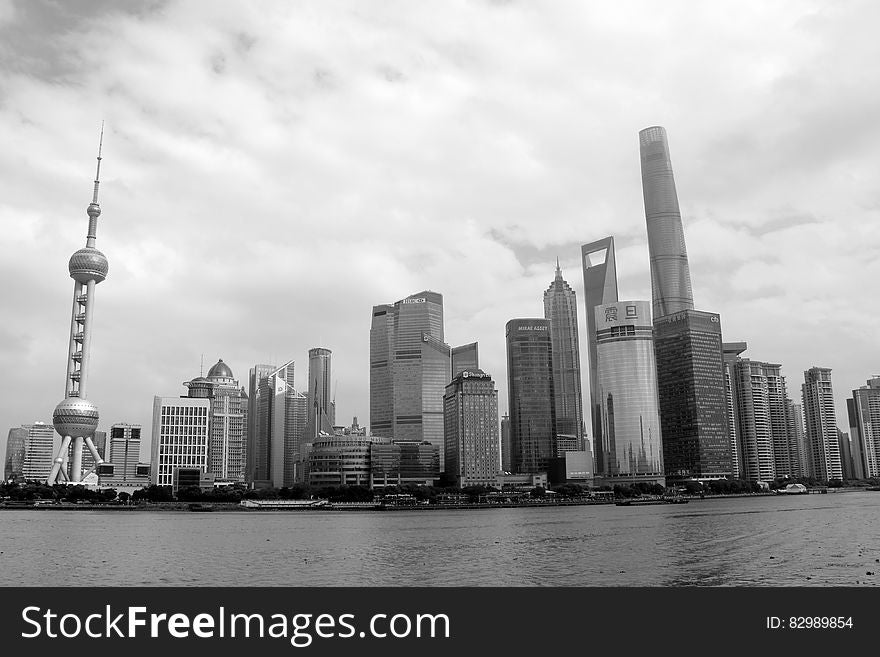 Shanghai, China waterfront skyline in black and white. Shanghai, China waterfront skyline in black and white.