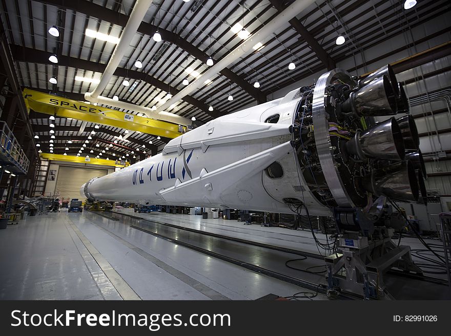 Falcon 9 rocket in Spacex hangar. Falcon 9 rocket in Spacex hangar.