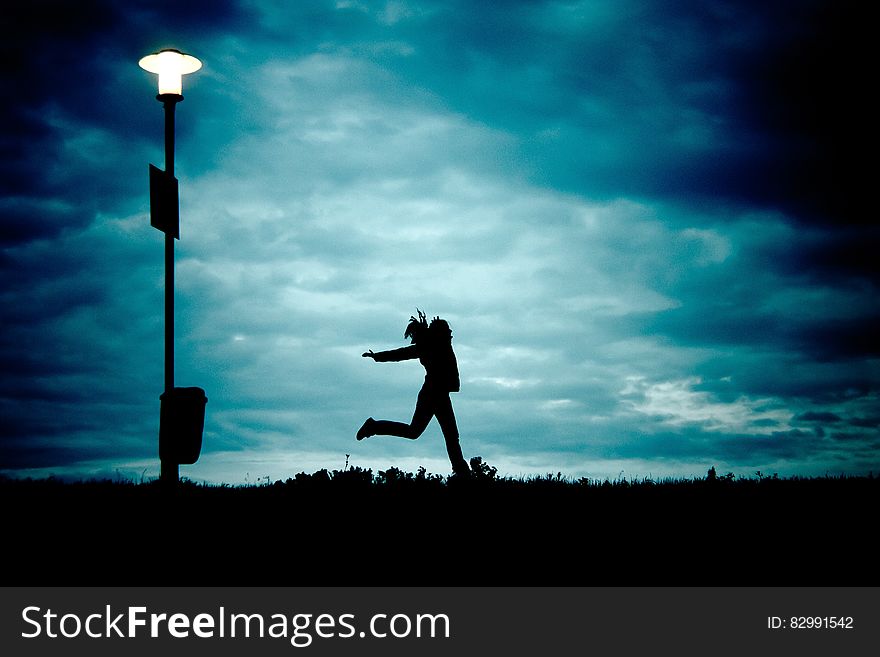 Silhouette of Person Beside Silhouette of Street Light