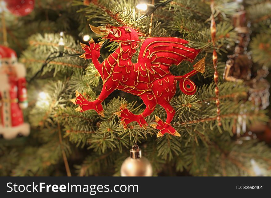 Welsh red dragon on on spruce Christmas tree. Welsh red dragon on on spruce Christmas tree.