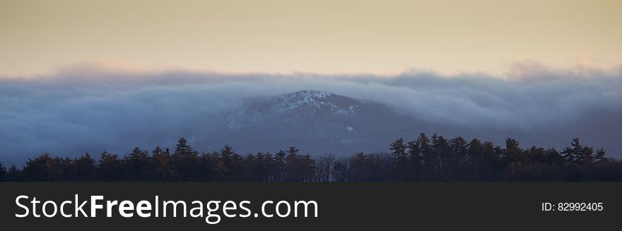 Panorama of mist over mountains with valley forest.