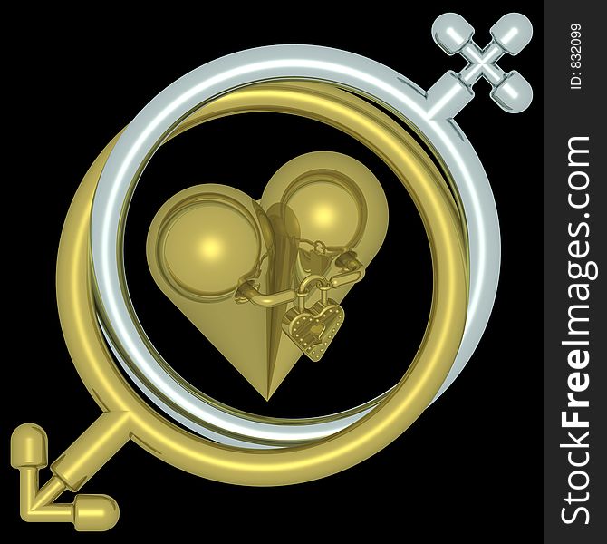 Symbol of golden feminine masculine and and heart. Symbol of golden feminine masculine and and heart