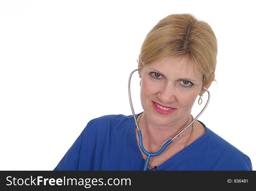 Headshot photo of beautiful nurse or doctor with stethoscope. Headshot photo of beautiful nurse or doctor with stethoscope