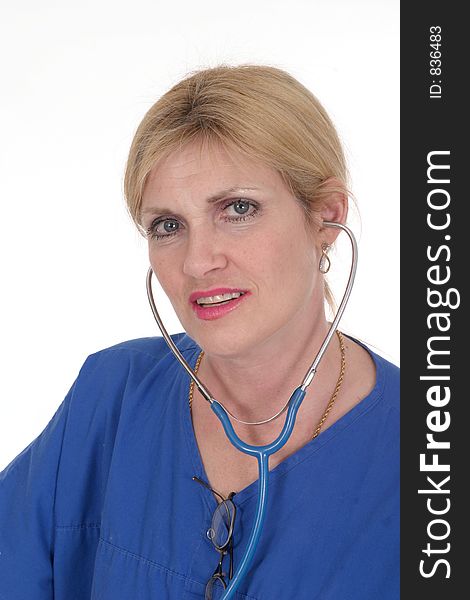 Headshot photo of beautiful nurse or doctor with stethoscope and glasses. Headshot photo of beautiful nurse or doctor with stethoscope and glasses