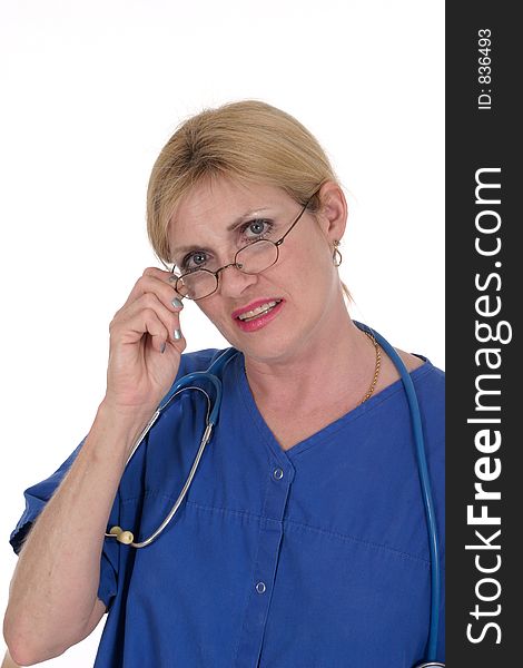 Headshot photo of beautiful nurse or doctor wearing glasses with stethoscope. Headshot photo of beautiful nurse or doctor wearing glasses with stethoscope
