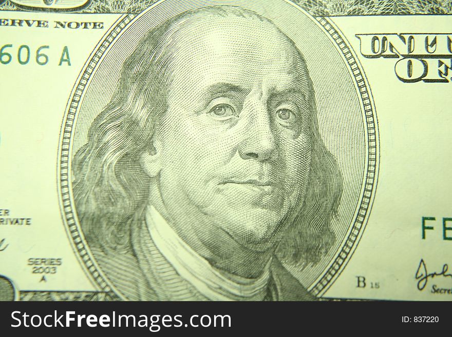 Benjamin franklin on a united states one hundred dollar bill. Benjamin franklin on a united states one hundred dollar bill