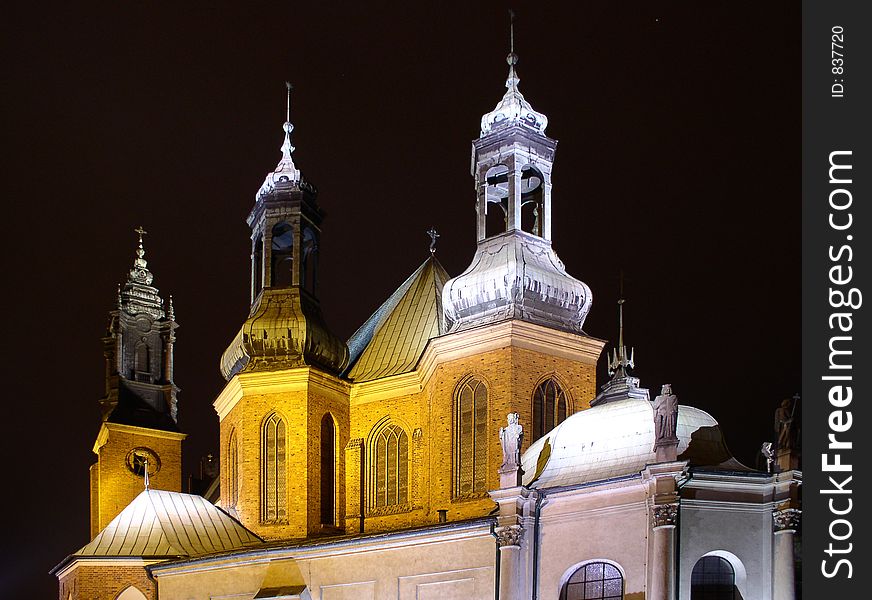 Church at night in poznan city