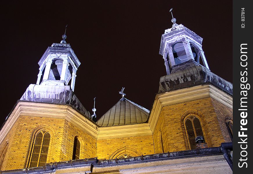 Church at night in poznan city