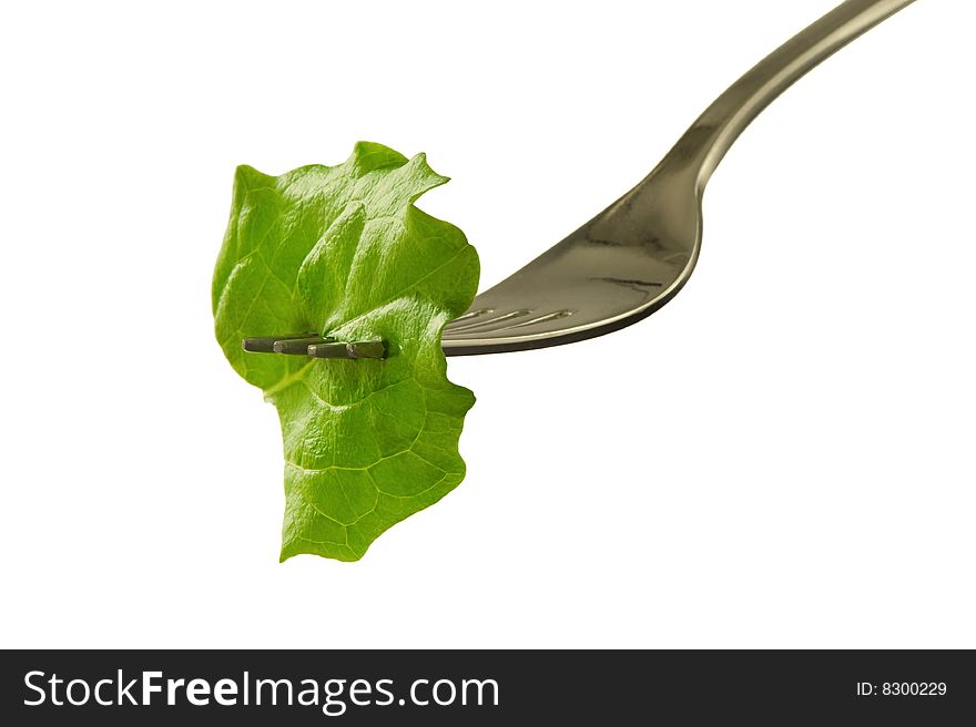 Healthy fresh piece of lettuce on fork. Isolated on white background. Healthy lifestyle and dieting!