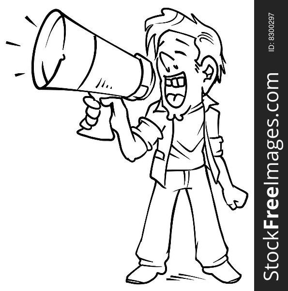 Cartoon man shouting into a megaphone. Outline only. Cartoon man shouting into a megaphone. Outline only.