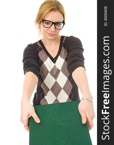 The young student with the books isolated on a white background