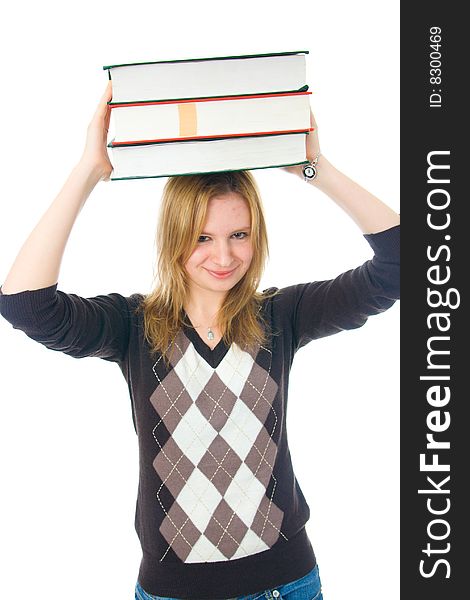 The young student with the books isolated on a white background