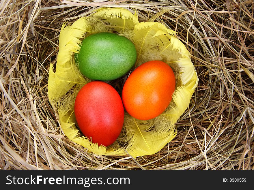 Colourful eggs in nest made of hay as background. Colourful eggs in nest made of hay as background