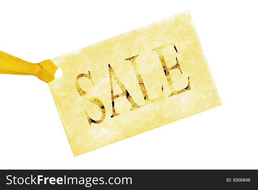 Sale tag with yellow ribbon isolated on white. Sale tag with yellow ribbon isolated on white.