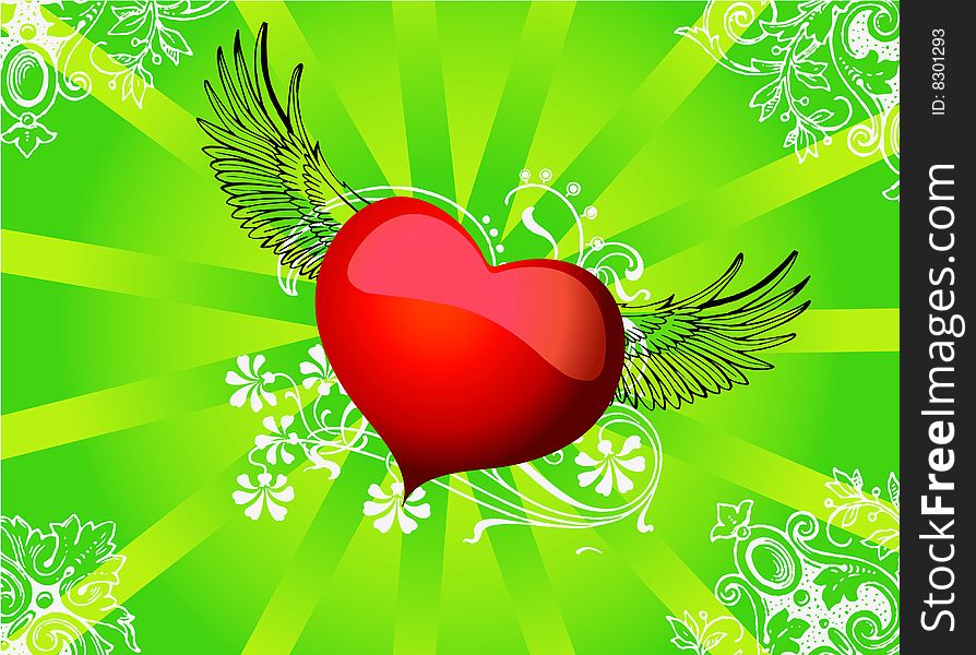 Vector flying heart  in the green background