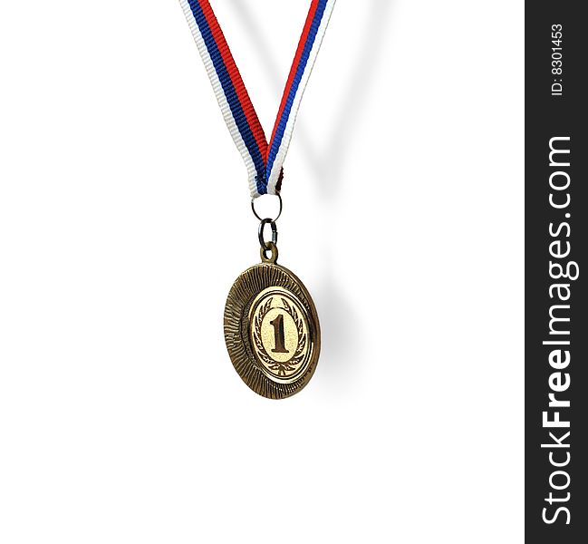 Gold medal with a tape on a white background
