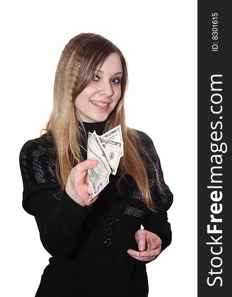 The girl holds money in hands. The girl holds money in hands