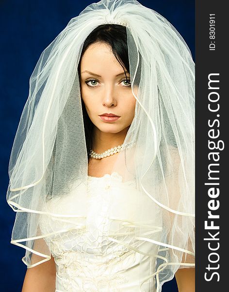 Studio portrait of a beautiful melancholic brunette bride against dark blue background. Studio portrait of a beautiful melancholic brunette bride against dark blue background