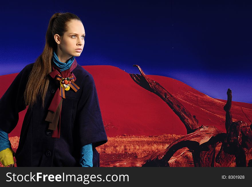 Fashion model posing on Namibia, Africa background