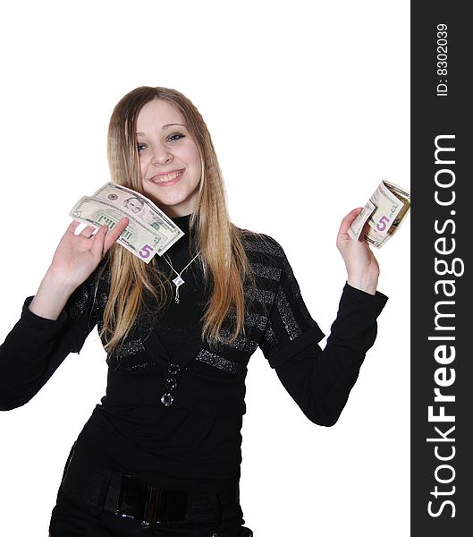 The girl holds money in hands. The girl holds money in hands